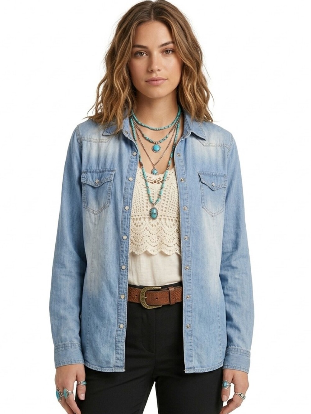 YMI Light Wash Denim Western Pearl Snap Shirt | Country Coastal Cowgirl 1X
